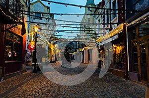 Pedestrian street with Christmas decorations in Kapana district in Plovdiv, Bulgaria